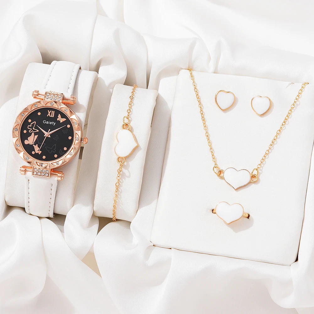 4 PCS Fashion Watch Set Women Necklace Earrings Bracelet Set Watches WristWatch White Leather Strap Ladies Quartz Watch