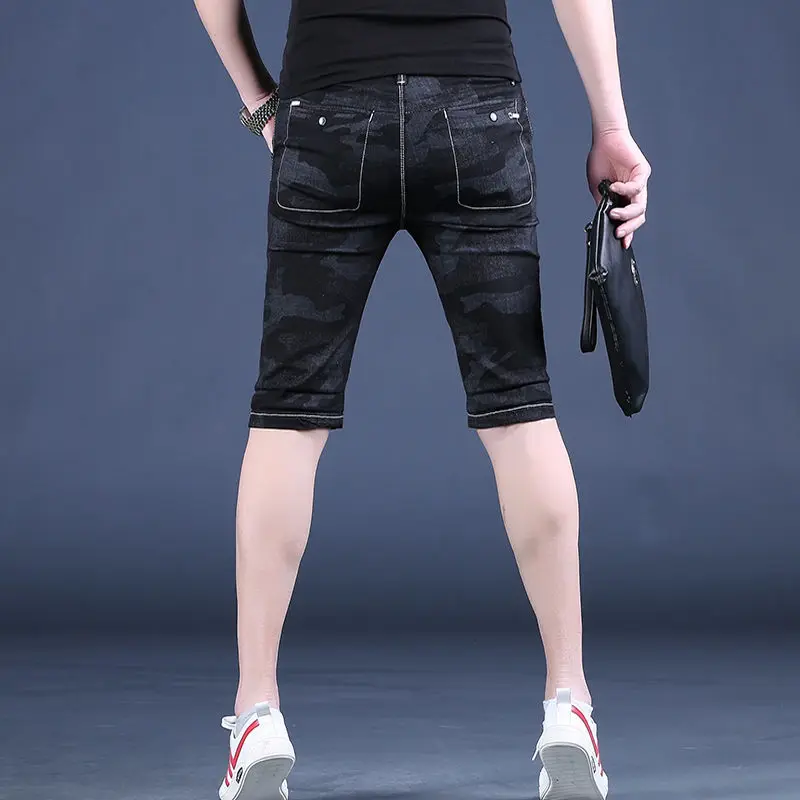 Шорты мужские облегающие из денима короткие джинсовые штаны с камуфляжным