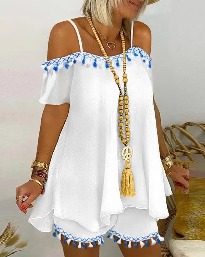 

Two Piece Sets Womens Outifits 2023 Summer Fashion Cold Shoulder Short Sleeve Flowy Top & Casual Tassel Design Daily Shorts Set