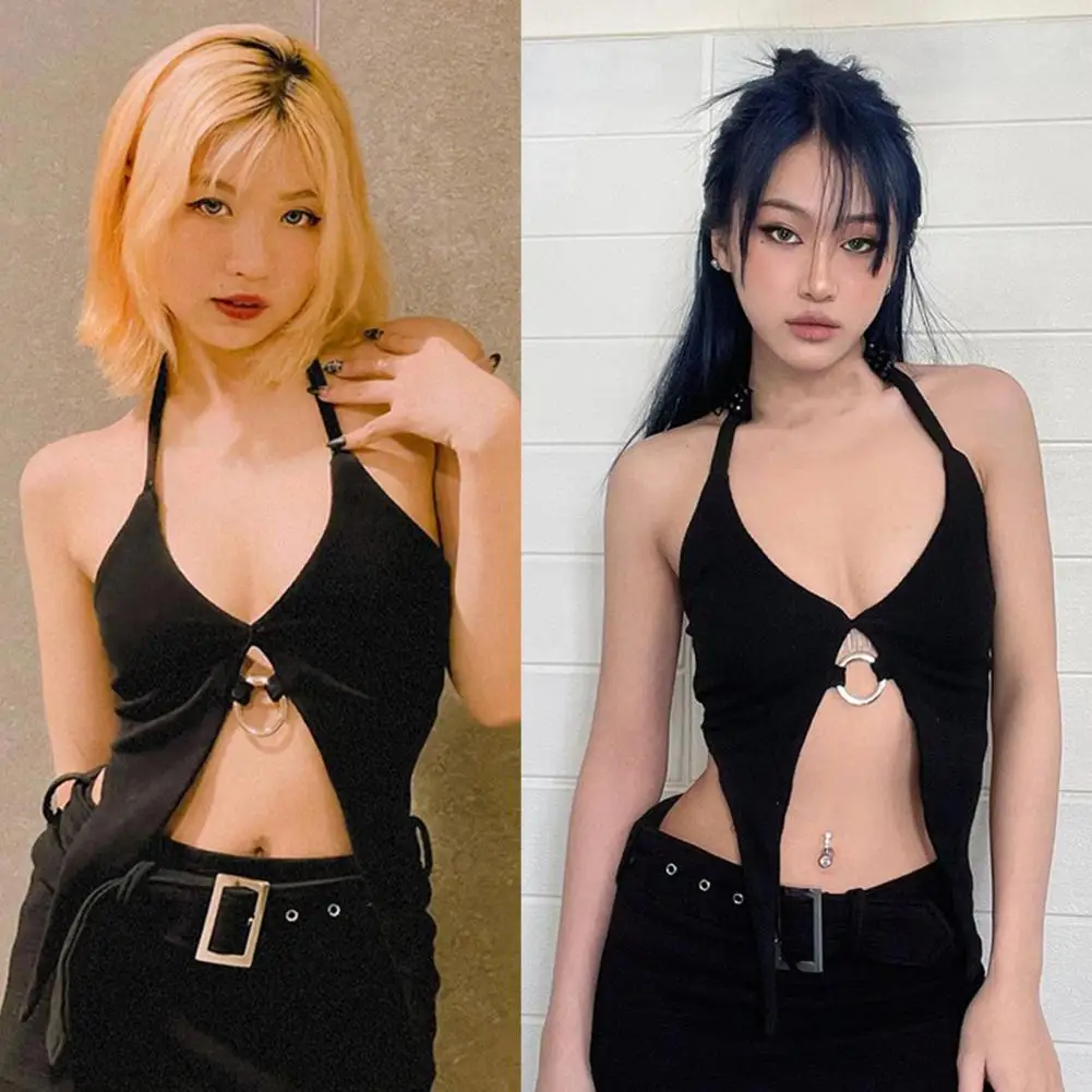 

Women Crop Top Wild SleevelessSoft Fabric Irregular Hem Individual Solid Color Halter Neck Backlesss Hot Summer Vest Female Clot