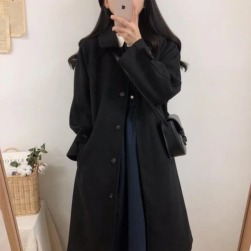

Autumn Outwear High Quality Overcoats Black All-Match Women Wool Blends Coats Long Elegant Single Breasted Female Leisure Slim