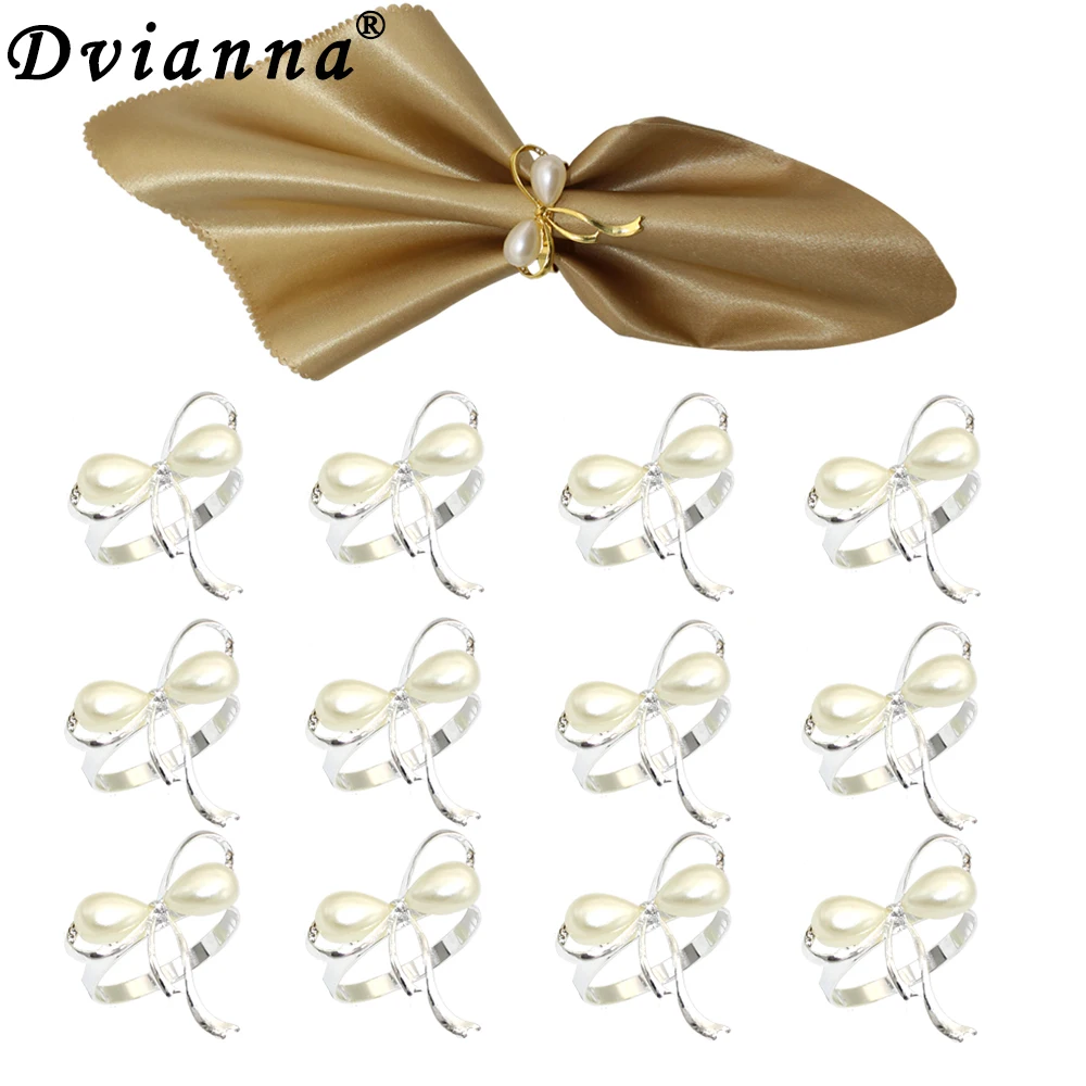 

Dvinana 6/12Pcs Bowknot Napkin Rings Elegant Pearl Serviette Holders for Wedding Celebrations Party Dinner Table Decor HWP34