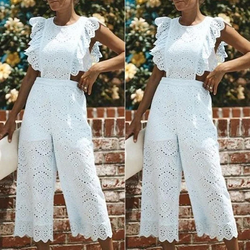 New Ladies Jumpsuit White Elegant Sexy Hollow Wide Leg Ruffle Sleeveless Round Neck Jumpsuit Ladies Summer Clothing Jumpsuit