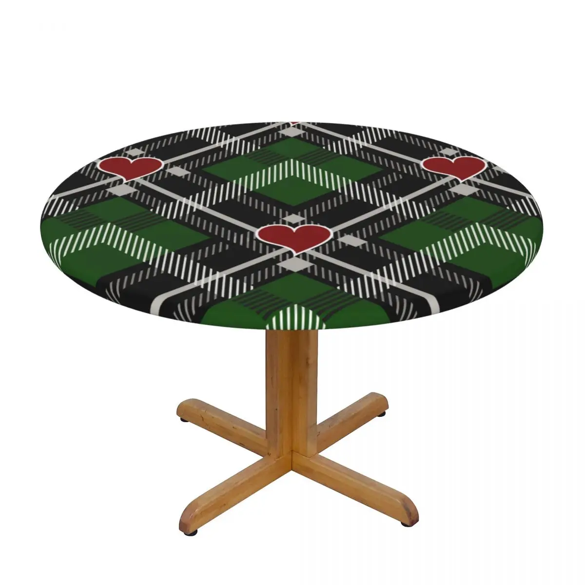 

Round Table Cover for Dining Table Elastic Tablecloth Tartan Buffalo Check Plaid With Red Hearts Fitted House Hotel Decoration