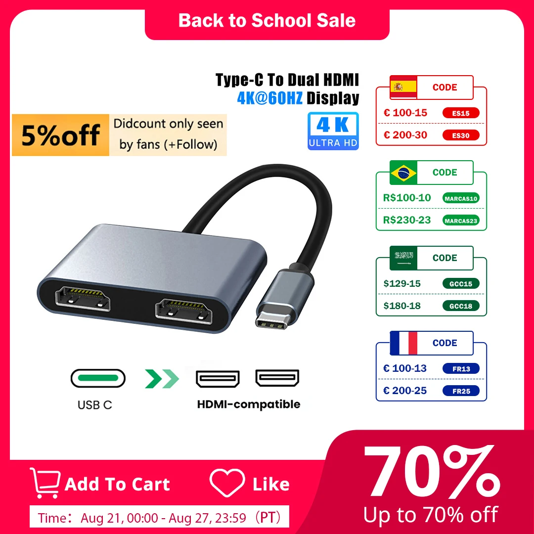 

2 Port USB C Hub Type-C to Dual HDMI-compatible Adapter 4K 60Hz Screen Expansion Docking Station For Macbook Mobile Phone PC