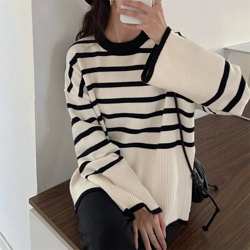

Женский свитер в полоску, Свободный пуловер в стиле ретро, весна-осень