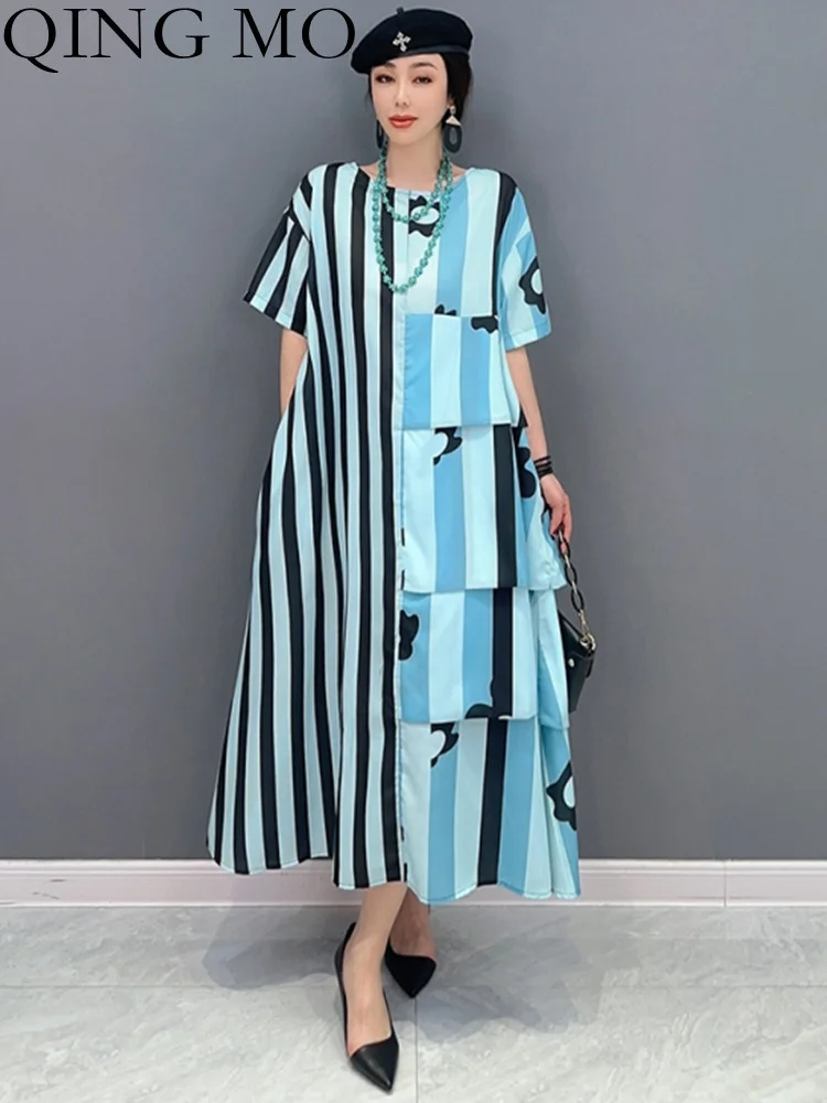 

QING MO 2023 Spring Summer New Korean Fashion Trend Striped Color Contrast Dress For Women Half Sleeve Dress ZXF1526