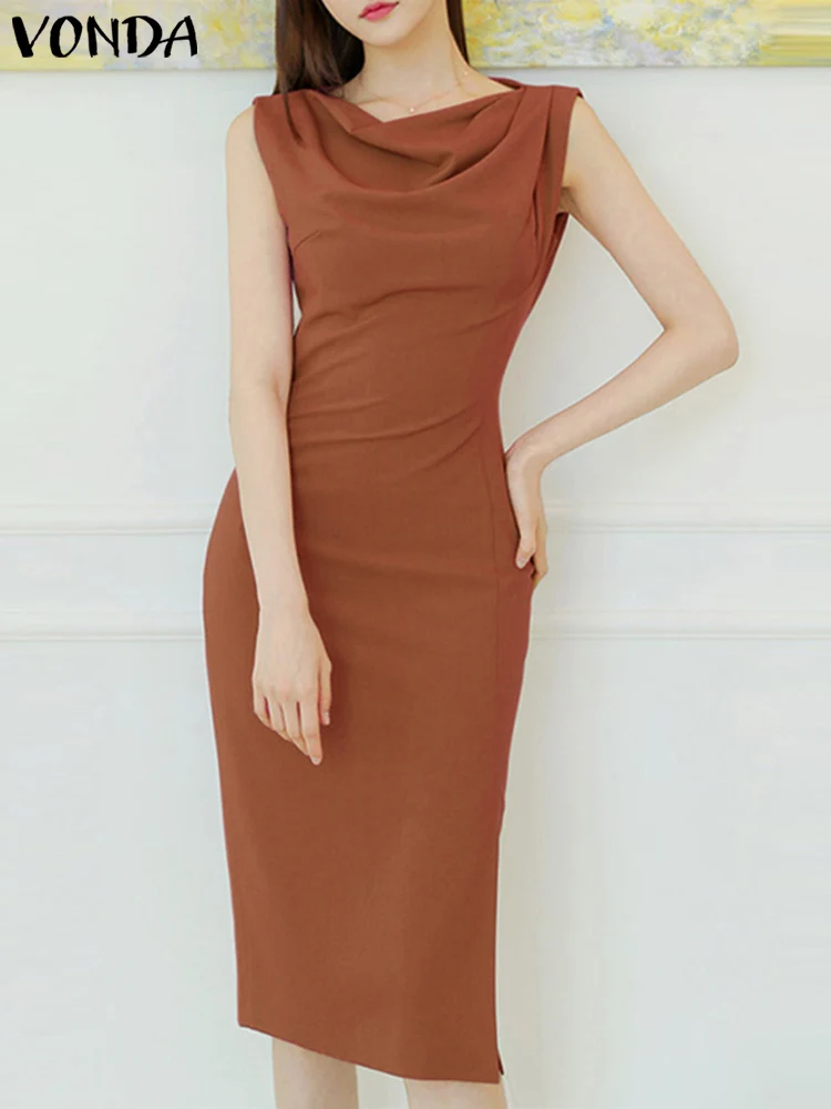 

VONDA Lady Dress 2023 Fashion Sexy Sleeveless Knee-Length Office Sundress Elegant Pile Collar Dress Party Vestidos Oversize Robe