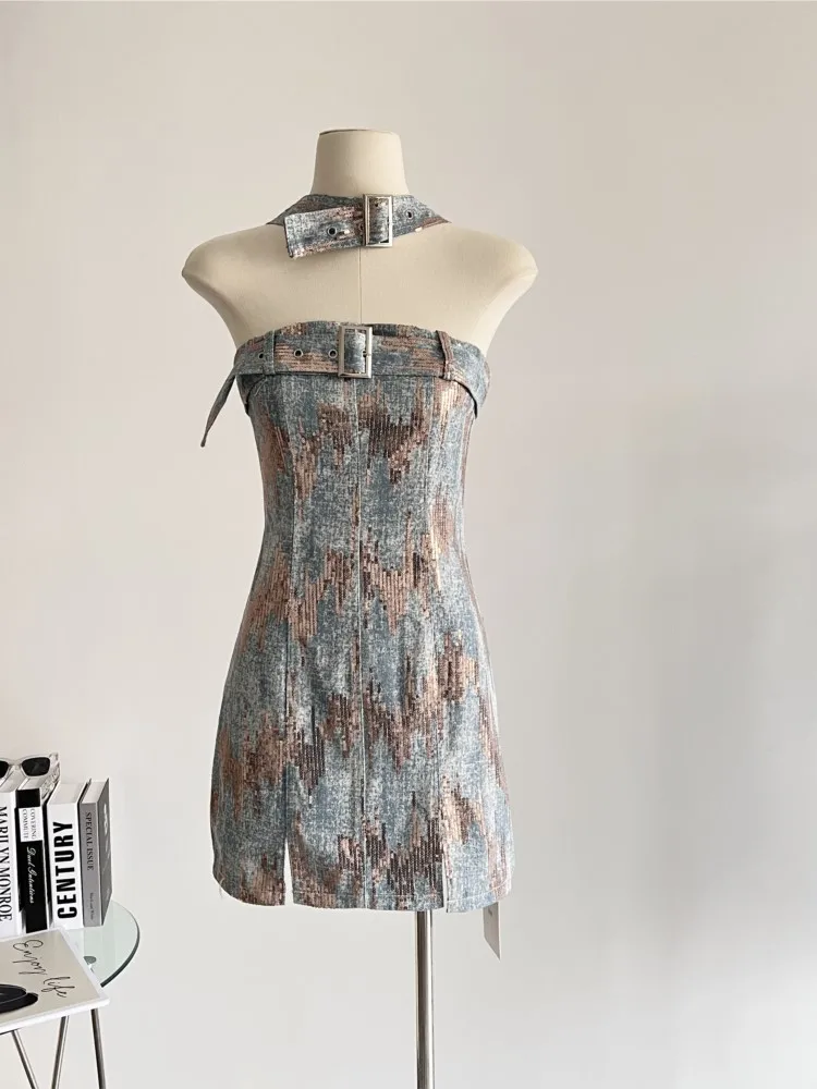 

Sexy Denim Belted Sequins Mini Dress Women Strapless Sleeveless High Waist Slim Fit Backless Y2K Party Club Shiny Split Vestidos