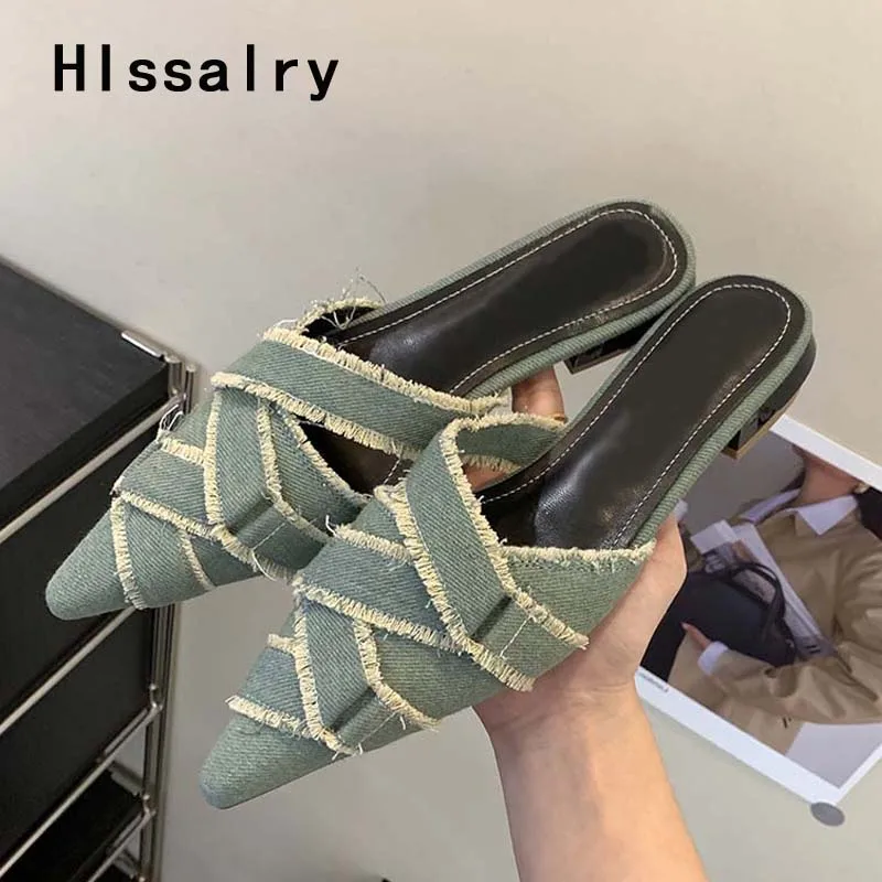 

Мюли Hlssalry женские джинсовые, зеленые туфли с острым носком, повседневные шлепанцы на плоской подошве, без застежки, сланцы, лето 2023