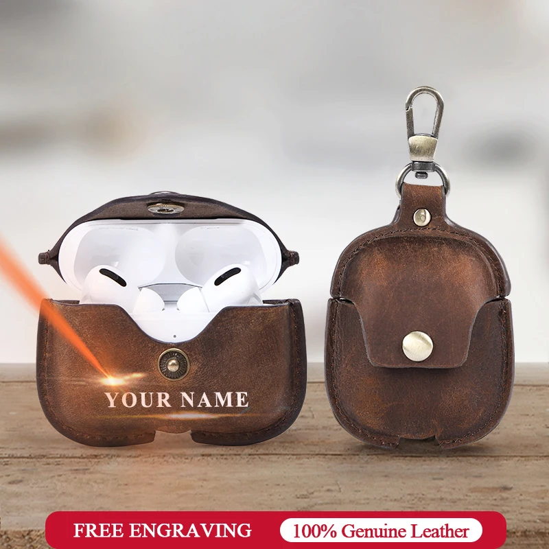 

Роскошный чехол из натуральной кожи для Apple Airpods Pro 3/2/1, чехол для беспроводных наушников с цепочкой для ключей, крючок с именами на заказ, под...