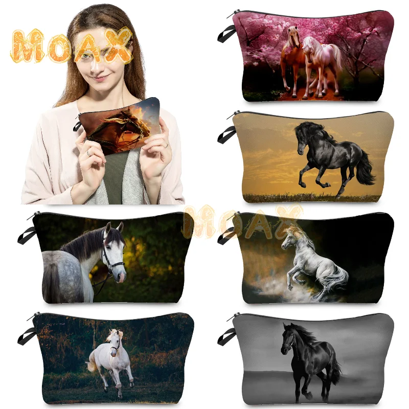

Horse Print Cosmetic Bag Women Animal Casual Makeup Bags Girl Canvas Small Purse Travel Eco Reusable Organizer Storage Cases