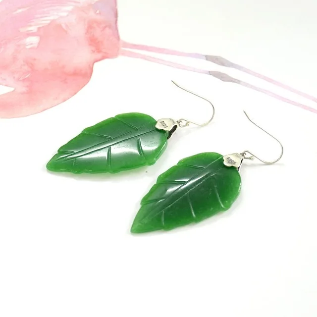

Natural 925 sterling silver ear hook inlaid green jadeite leaf simple retro temperament earrings jewelry individuality for woman