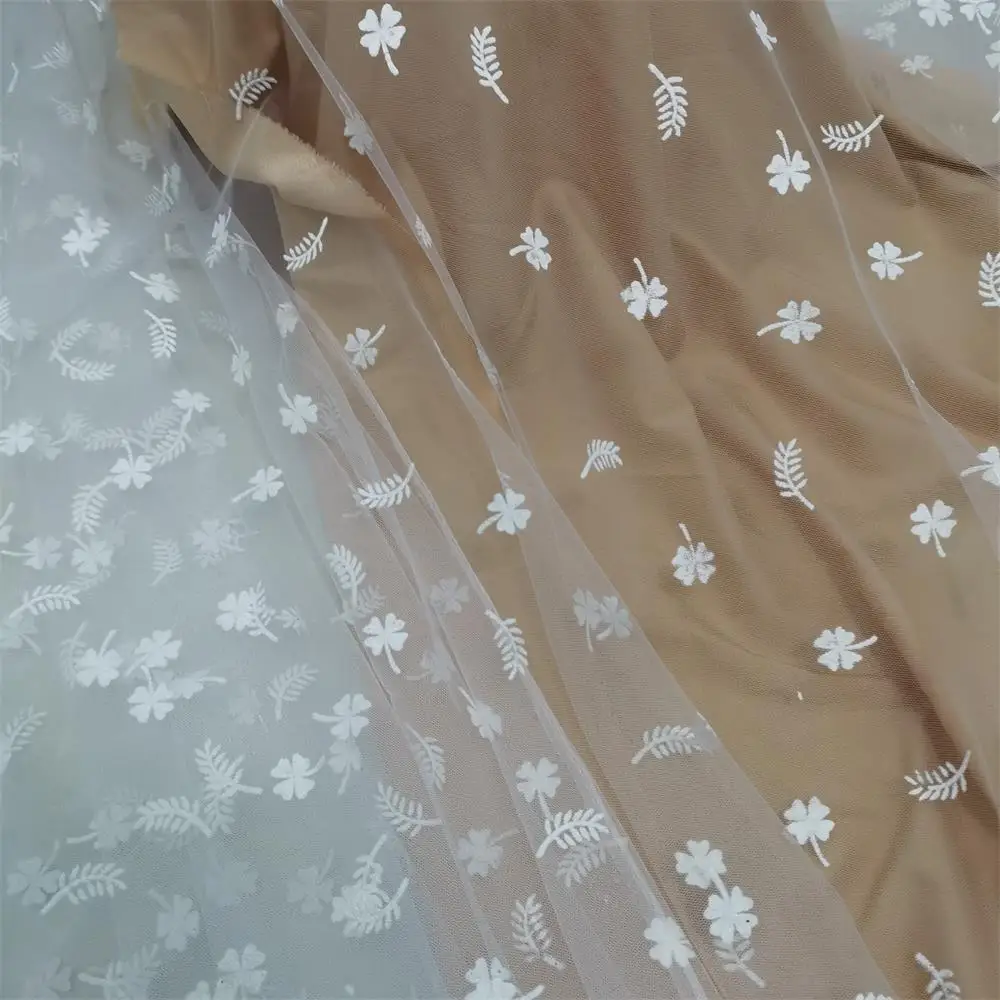 2YARDS Flocking Four-Leaf Clover Flower Leaves Mesh Lace Fabric Designer Tulle Fabric DIY Bride Veil Cloth