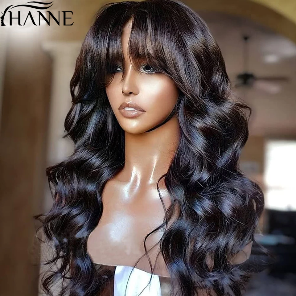 HANNE Loose Deep Lace Front Wig Human Hair Wigs With Bangs 13x1 Lace Frontal Wig With Fringe Brazilian Remy Body Wave Human Hair