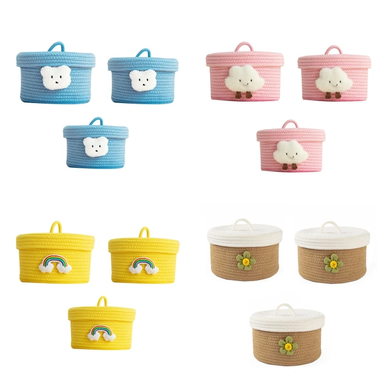 

3 Pcs Small Round Basket with Cover Cotton Rope Woven Organization Basket Container for Home Office Desktop