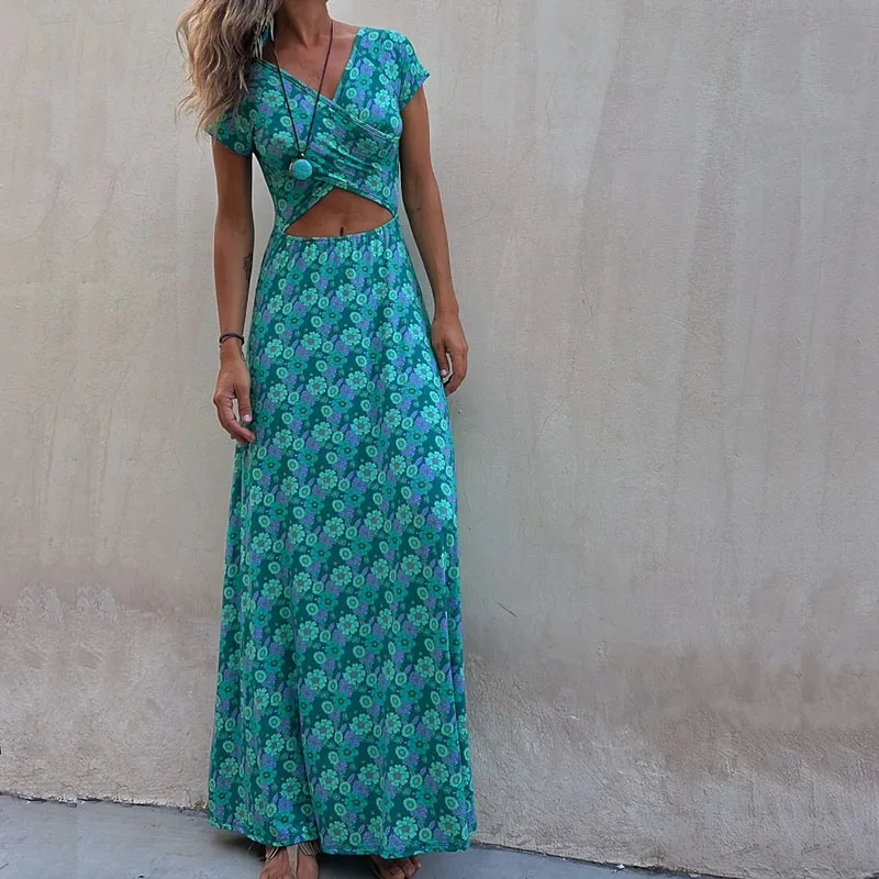 

Sexy Crossover Hollow Out Long Dress Women Fashion Printed Double-Sided Wear Bohe Dress Summer Casual Short Sleeve Party Dresses