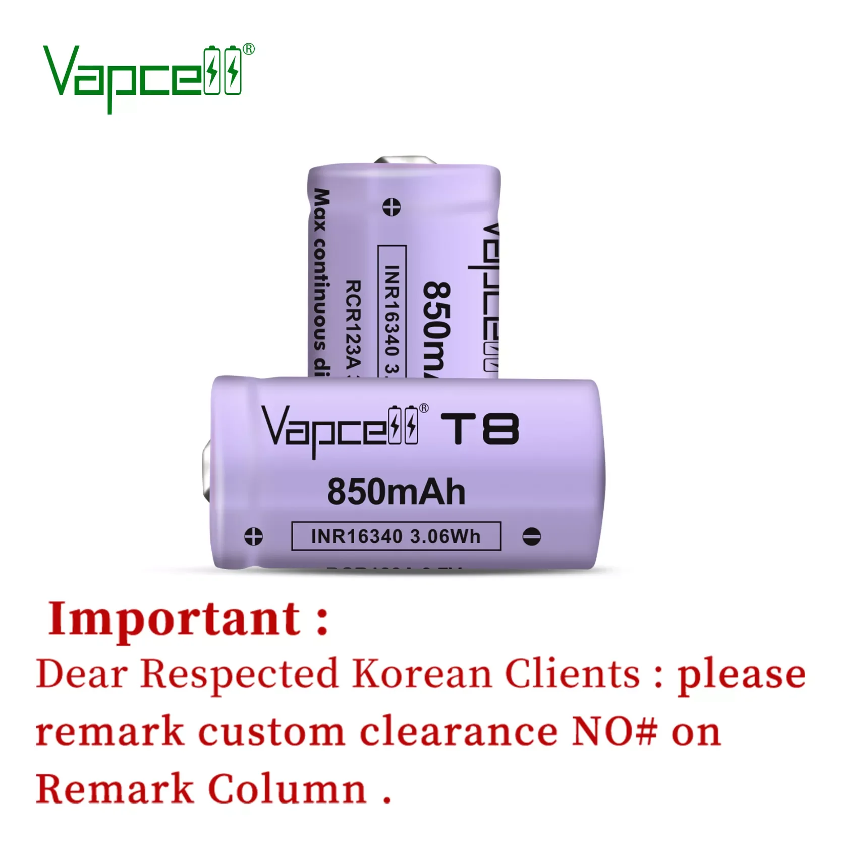 

Vapcell Original 16340 850mah 3A T8 charging 3.7V li ion battery rechargeable button top batteries for flashlight power tools