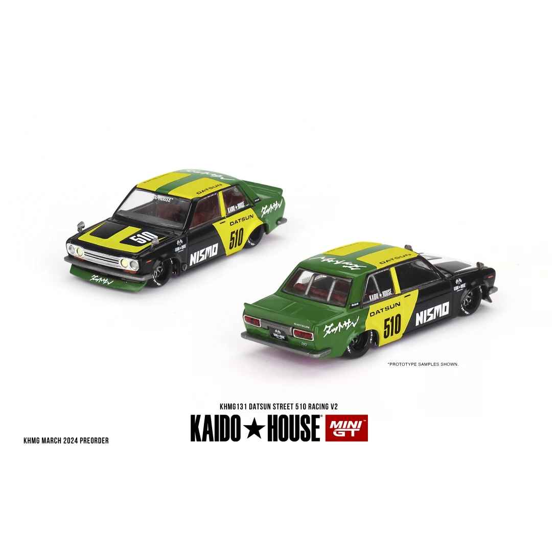 TSM KAIDO HOUSE MINIGT 1/64 KHMG131 Datsun Street 510 Racing V2 Varnish Chase Зеленый Желтый Модель автомобиля из