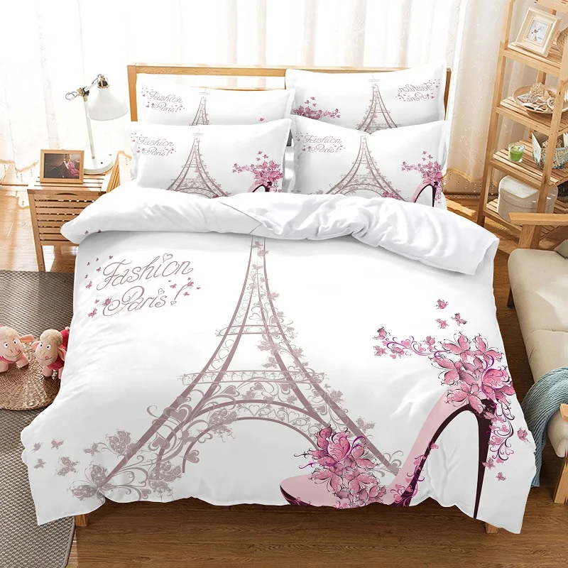 

Flower，Eiffel Tower Duvet Cover Set Girl Sweet Quilt Cover Fashion Gorgeous Children's Comforter Set Couple Bedding Sets Bed Set