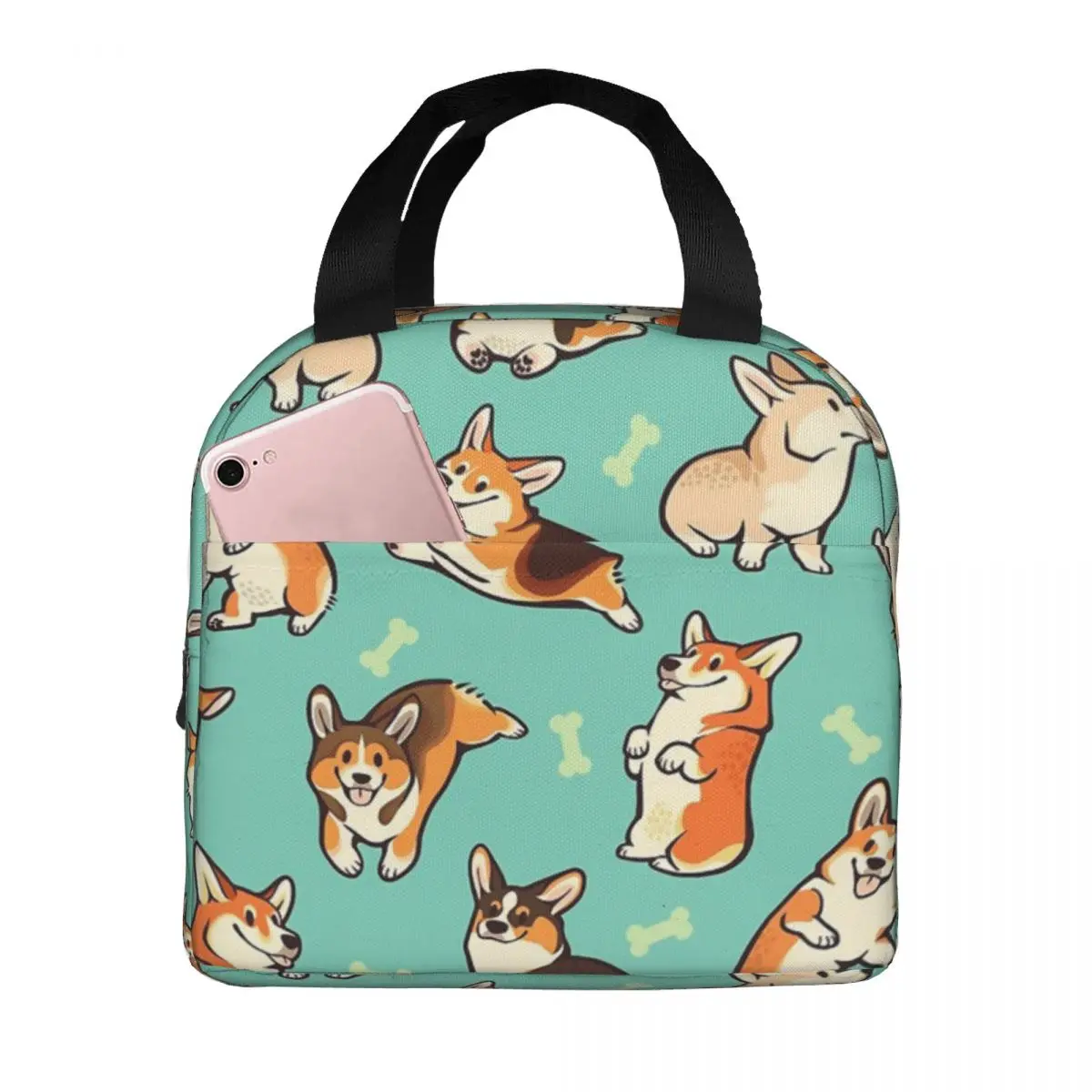 

Сумки для ланча для женщин и детей, термоохладитель Jolly Corgis Green, Портативная Сумка-тоут из полиэстера для домашних питомцев и собак