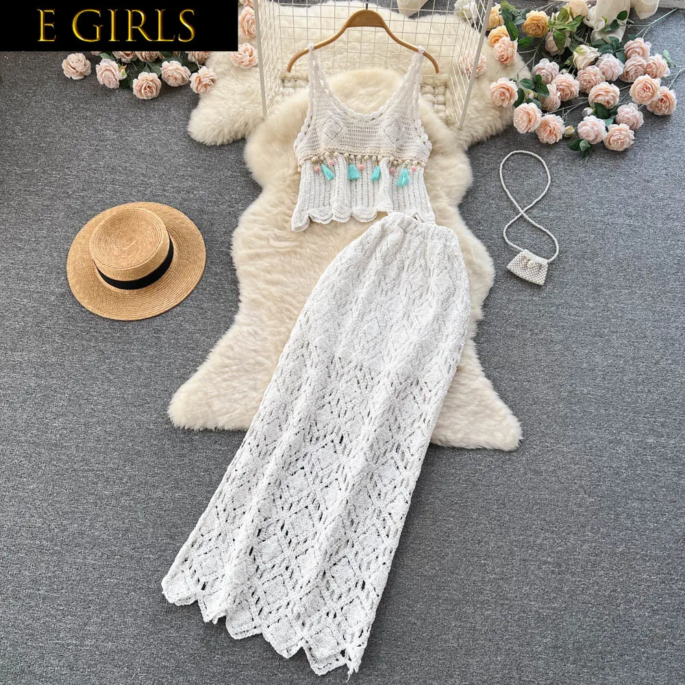 

E GIRLS Bohemian New Summer Suspender Short Crochet Vest+mid-length Skirt Two-piece Suit