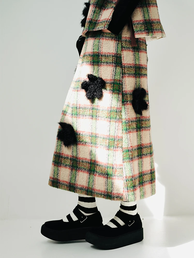Imakokoni original design plaid elastic waist skirt floral patch casual warm autumn winter straight skirt women's dress