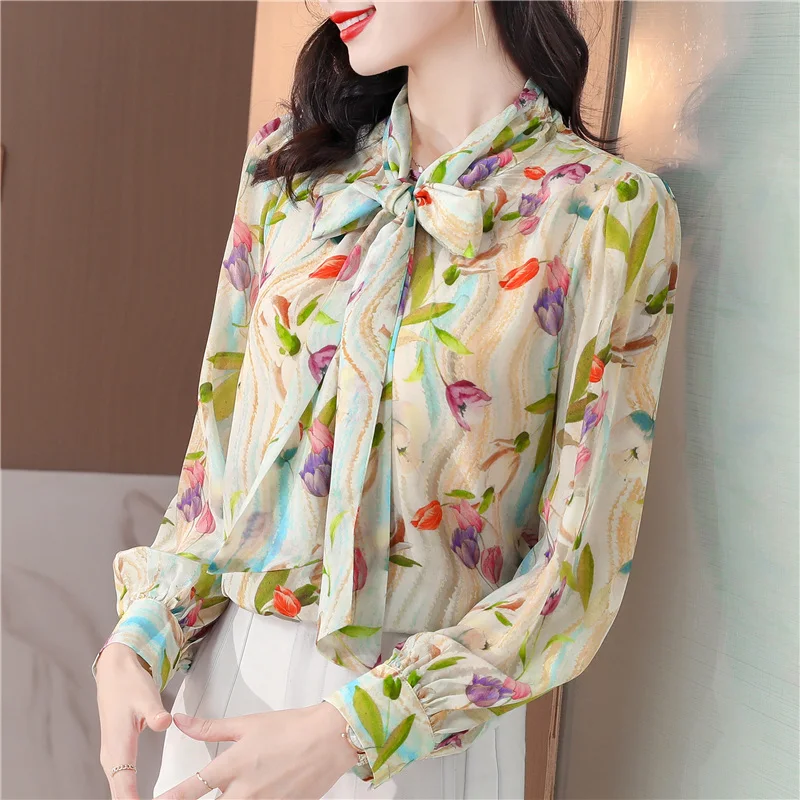 TingYiLi Spring Summer Bow Tie-Neck Printed Blouse Korean Elegant Women Long Sleeve Boho Floral Top Beige Silk Shirts |