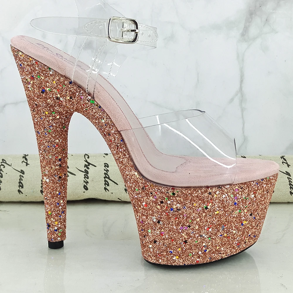 Leecabe Clear Stripe style high heel sandals 17cm/7inches sexy model shoes pole dance shoes