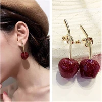 net red tide red cherry earrings female korean personality all match exaggerated long section show face thin ear jewelry