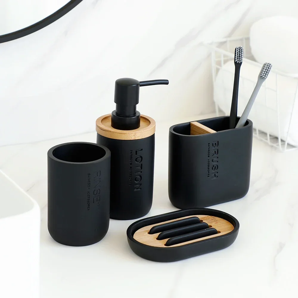 

Bathroom Accessories set Soap Lotion Dispenser Toothbrush Holder Soap Dish Tumbler Pump Bottle Cup Wood Black or White
