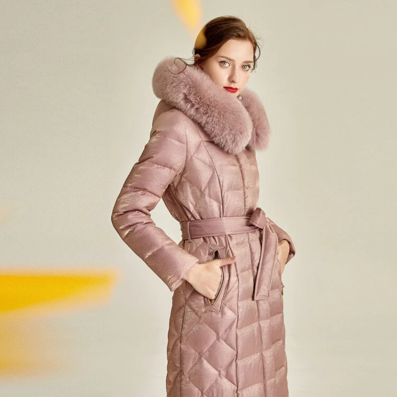 RosEvans Large Real Fur Coat New Winter Women Luxury Argyle Pearl Warm White Duck Down Jacket Puffer Fashion Female Xlong Parka