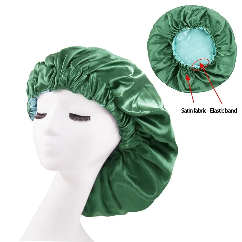 Reversible Silky Satin Bonnet Double Layer Sleep Night Cap Head Cover Bonnet Hat For For Curly Springy Hair Black