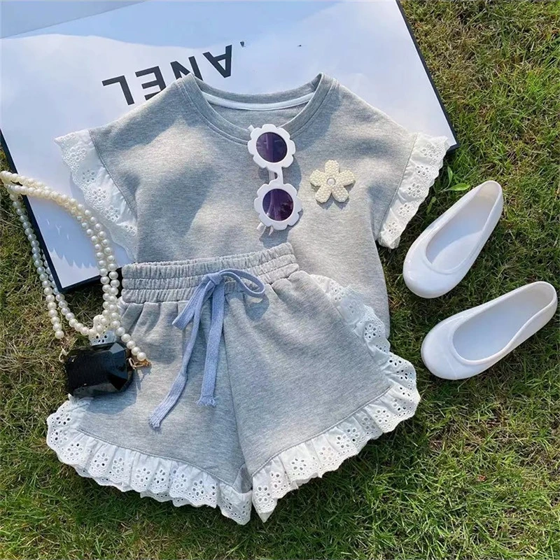 

Summer Girls Clothing Set Short Sleeve T-shirt+ Lace Sportswear Shorts Children Casual Clothes 2Pcs New Baby Girl Clothes Suits