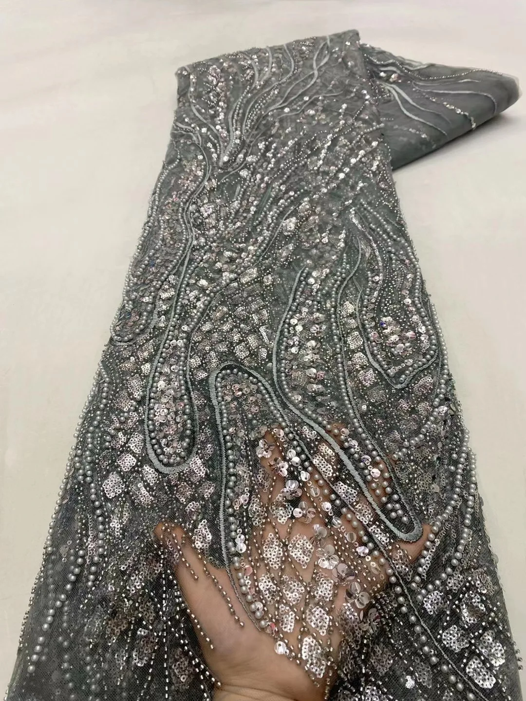 

Luxury Heavy Beaded Lace Fabric African Hand Beaded Sequined Tulle Bridal Dress Material NMX5336