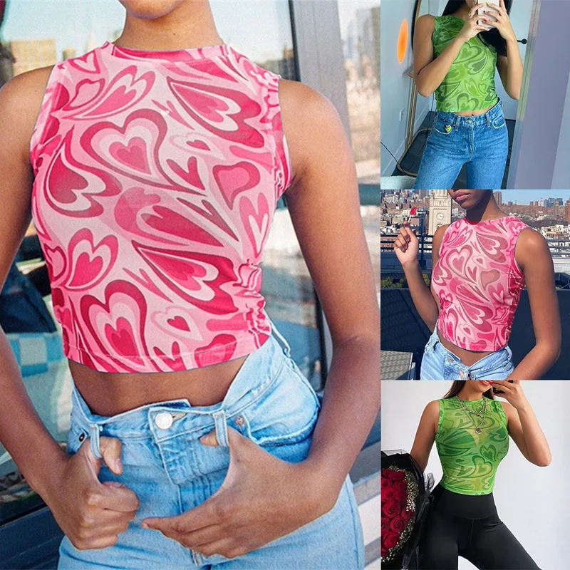 

ASDS-Print Mesh Crop Top Women Y2K Sexy Off Shoulder Summer See Through Sleeveless Fashion Tank Tops