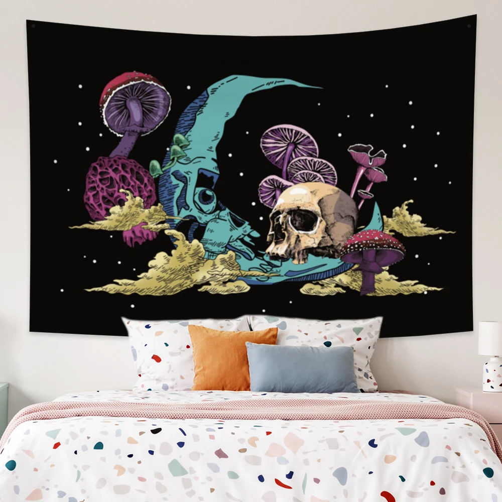 

Psychedelic Moon Skull Skeleton Mushroom Tapestry Carpet Witchcraf Wall Hanging Blanket Aesthetics Room Home Decor Tapestries