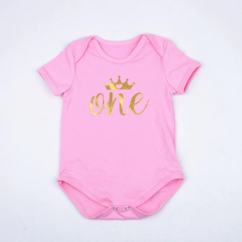

1st Birthday Baby Bodysuits Unisex Boys Girls Cotton Short Sleeve Jumpsuits O-neck Golden Letter Crown Toddler Babies Clothing