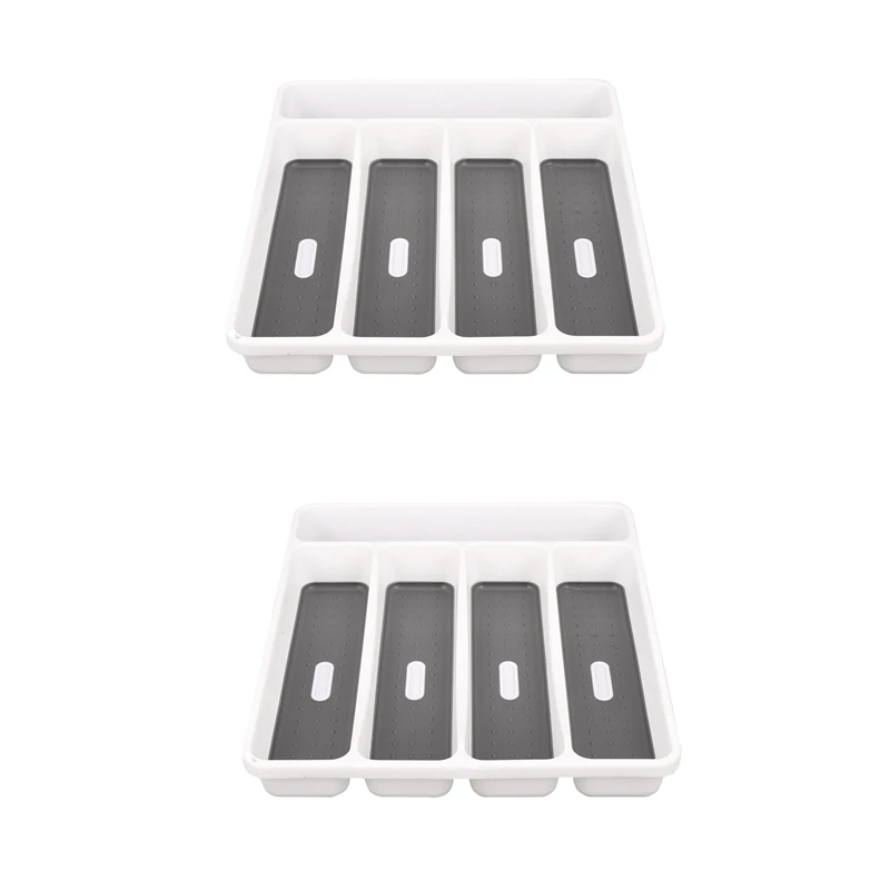 

2X Large Gray Silverware Tray Fork Collection Container 5 Compartments Soft-Grip Plastic Storage Box For Tableware