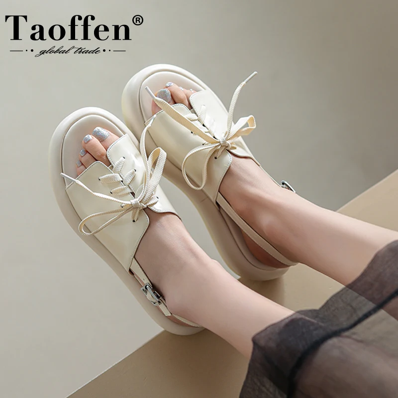 

Taoffen Woman Sandals 2022 Real Leather Lace Up Chunky Ins Hot Shoes For Women Summer Fashion Casual Daily Footwear Size 34-40