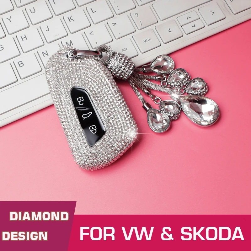 

Чехол для автомобильного ключа с кристаллами Стразы чехол для VW Volkswagen Golf 8 MK8 Passat CC Skoda 2020 автомобильный Стайлинг оболочки для ключей