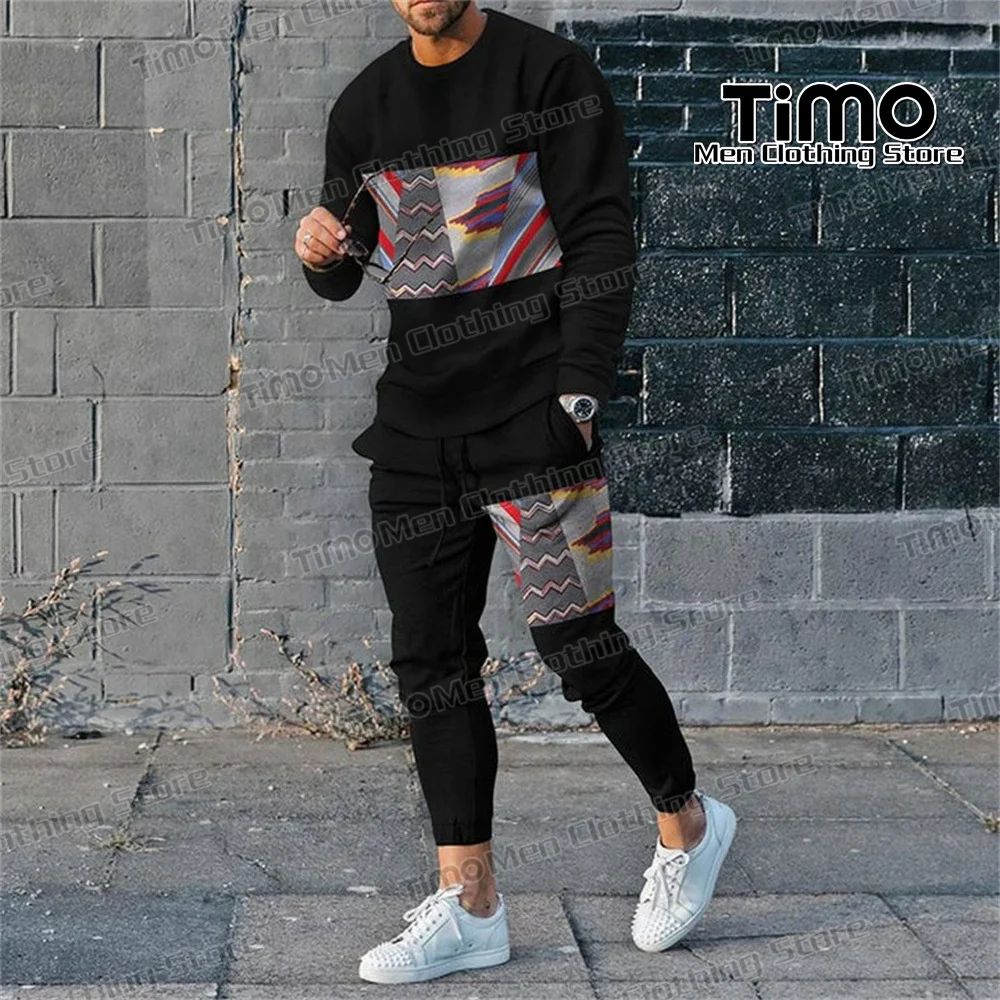 Spring/Autumn Men Tracksuit Street Fashion Casual Long Sleeved T-shirt+Trousers Suit O-Neck Loose Men's Jogging Suit 2-Piece Set