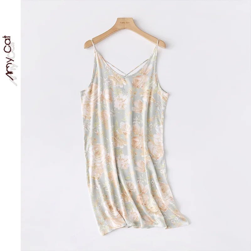 2022 Summer Satin Pajama for Women Sling Nightdress Print Cross-back Nightgown Fit Elegant Ladies Sleepwear Woman Sleep Dress