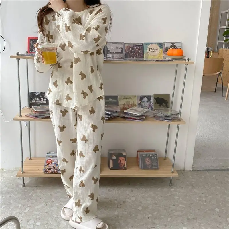 QWEEK Pijamas Women Cotton Two Piece Set Round Neck Kawaii Bear Pajamas Girls Sleepwear Nightwear Loose and Soft Pyjamas Cute