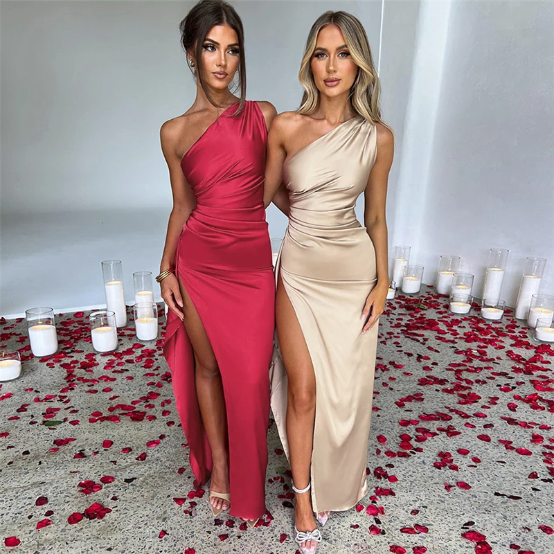 

Spring Summer Women's New Fashion Long Dress Slanting Shoulder Sexy Backless Slim Satin Dress Women Evening Dress Free Shipping