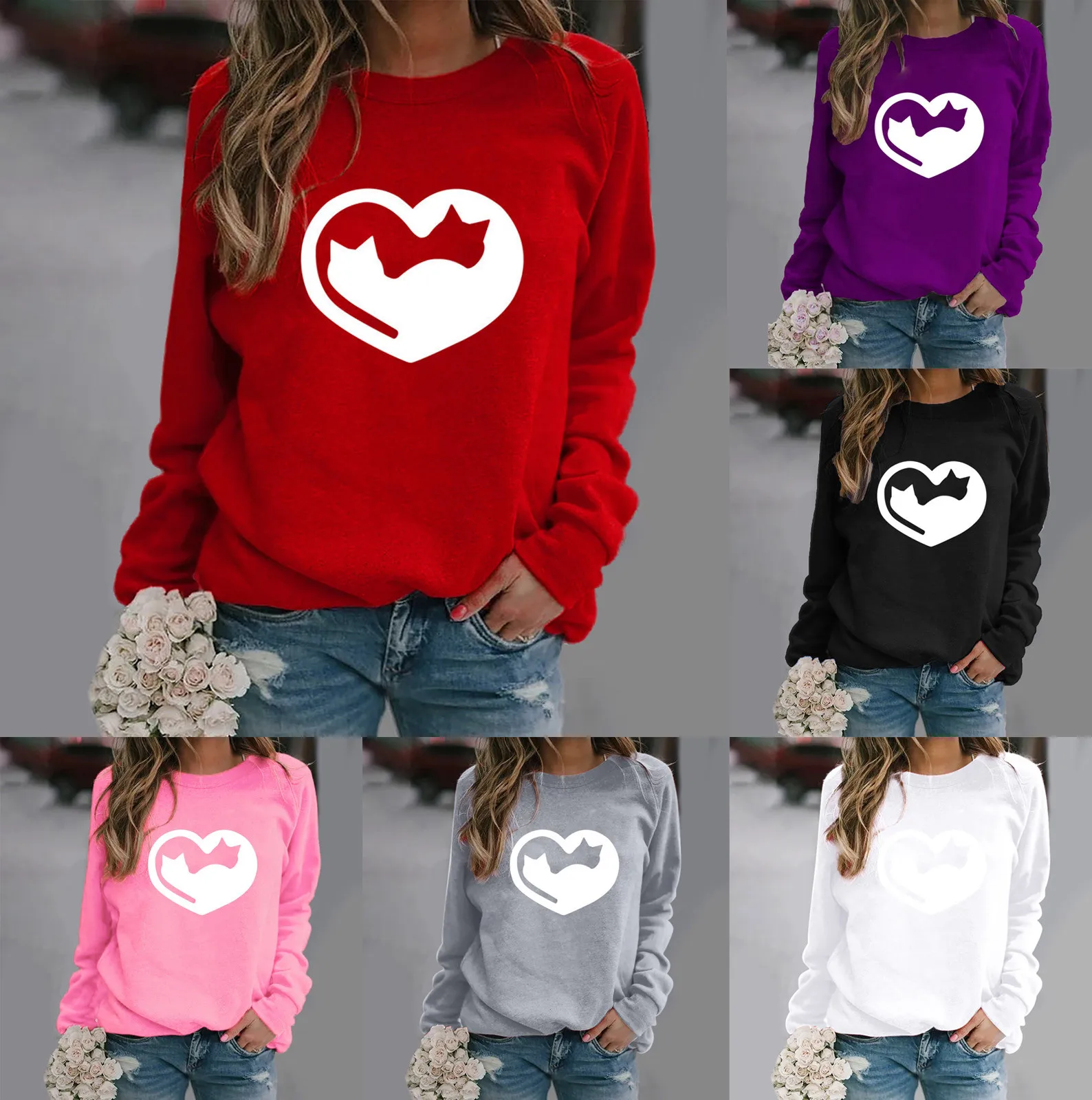 

Hoodie Pocket Women Women's Love Cat Pattern Print Long Sleeve Round Neck Sweatshirt Tops Womens 1 Piece Lingerie