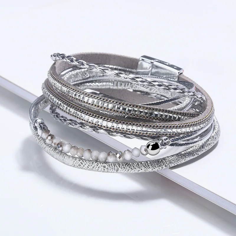 

Wholesale Fashion Multi-Layer Long Square Stone Bead Ornament Magnetic Buckle Woven Bracelet Bangle Ladies