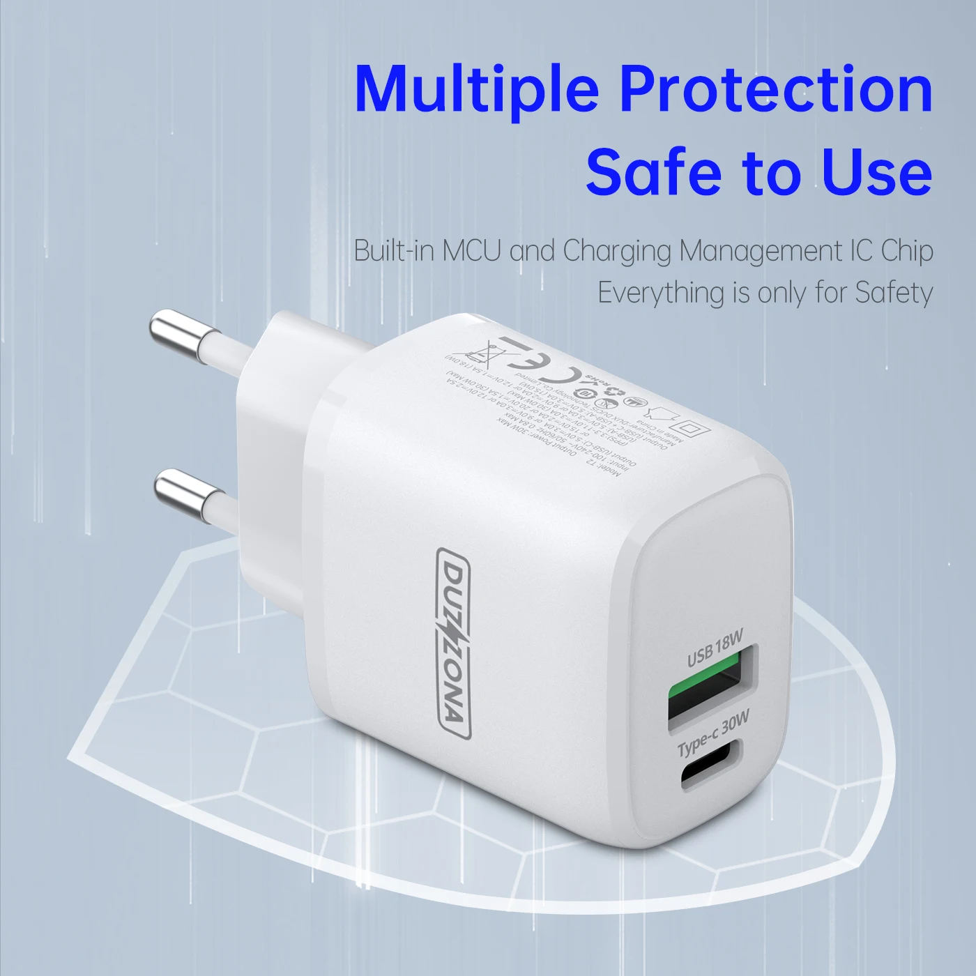 

For iOS iPhone 8-13/iPad Series/Android Tablets 30W Safe Fast Charging Wall Travel Charger EU Adapter 1 Type-C Port+1 USB-A Port