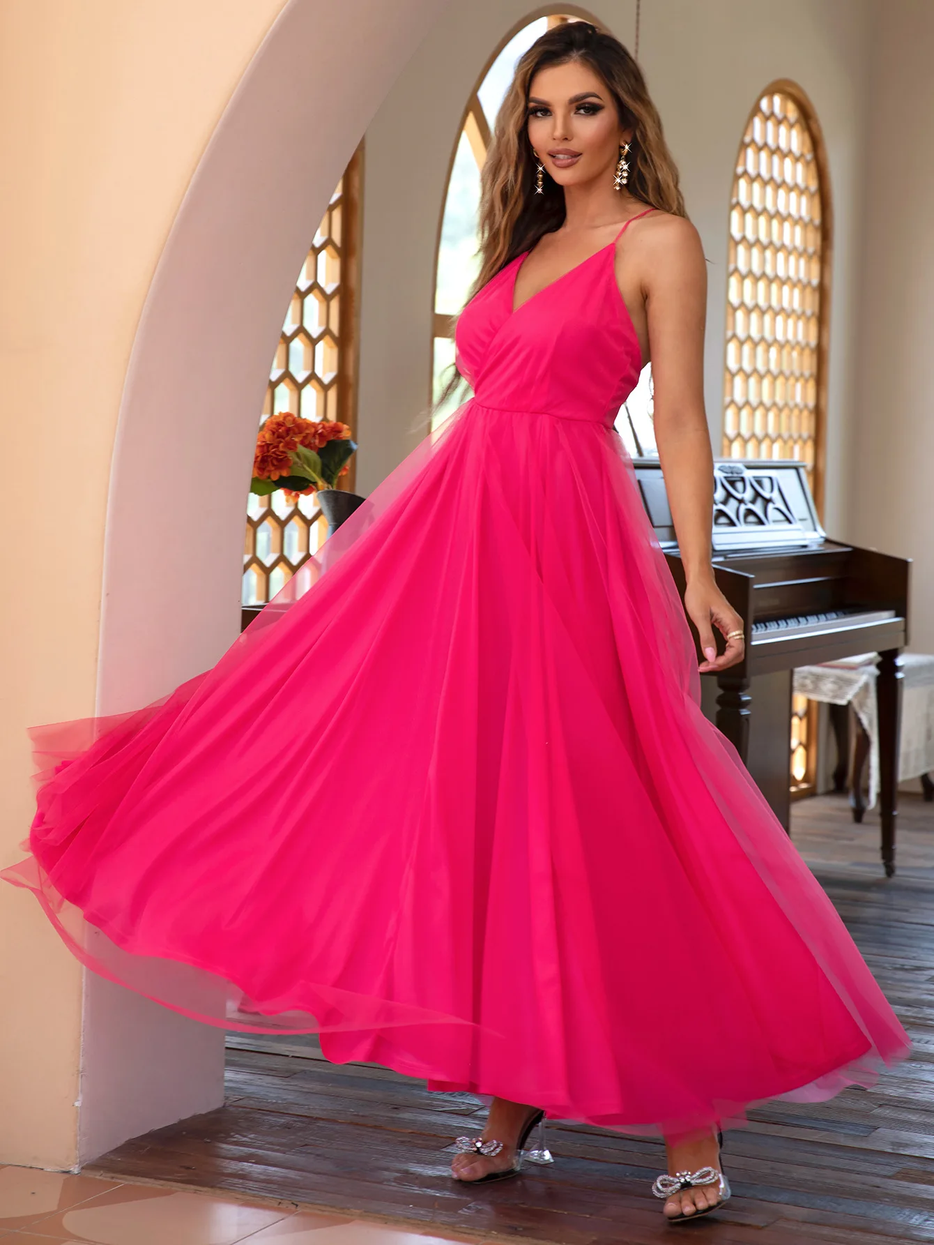 

Women's Summer Dress V Neck Sleeveless Sling Strapless Dress Slim Sexy Backless White Mesh Dress