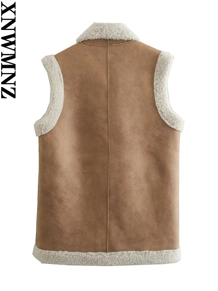 XNWMNZ 2023 women fashion classic retro suede faux lamb wool vest coat female V-neck casual all-match chic waistcoat